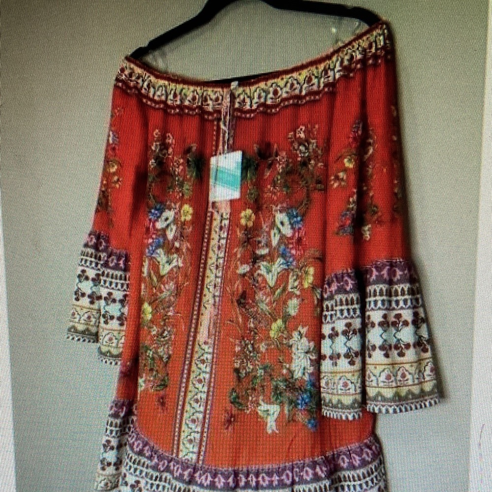 Boho Off-Shoulder Floral Tunic Dress in Vibrant Coral